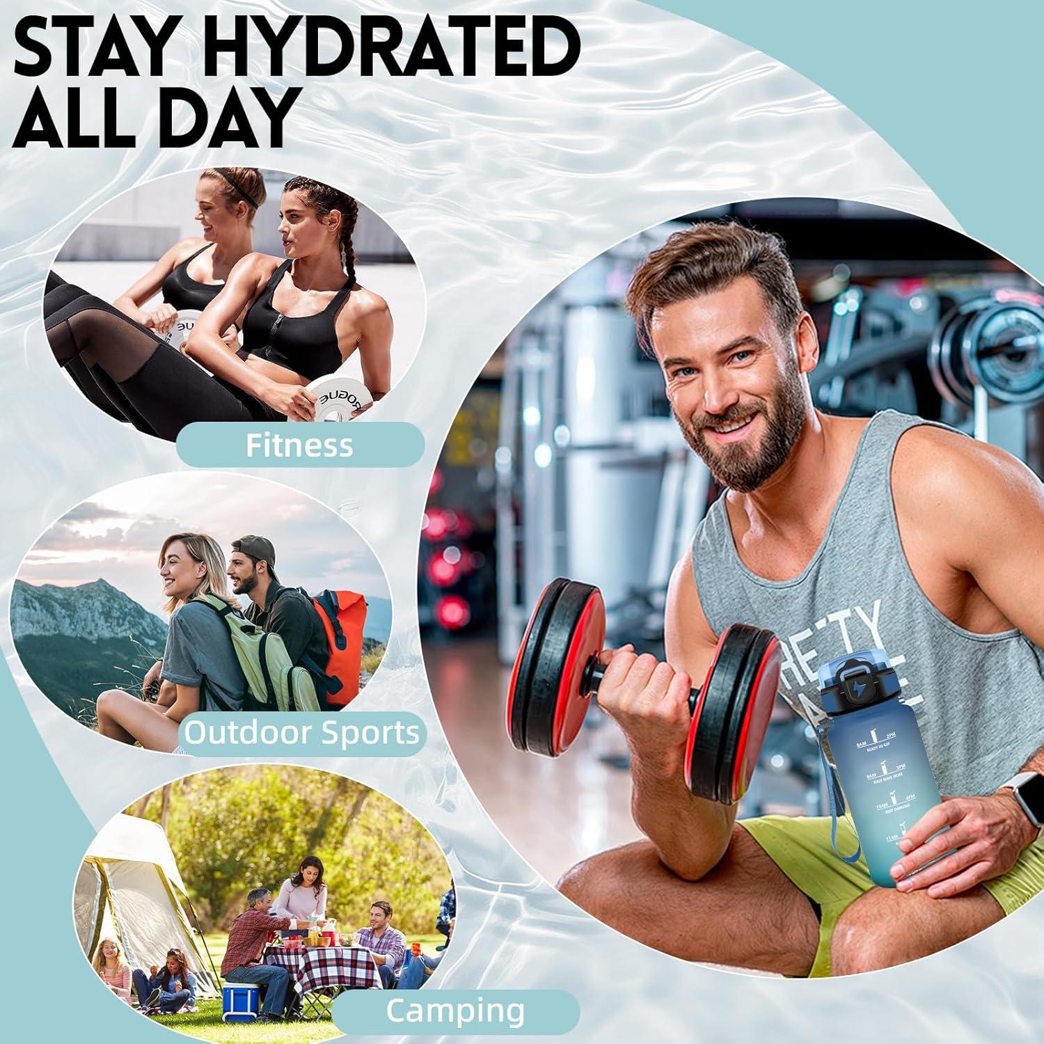 imageGrsta Gourde 1l Anti Fuite Gourde Sport avec Paille Verrou de Scurit Gourdes Motivationnelle Facile Nettoyer Bouteille deau avec Marqueur de Temps pour Cyclisme Gym YogaBleuvert