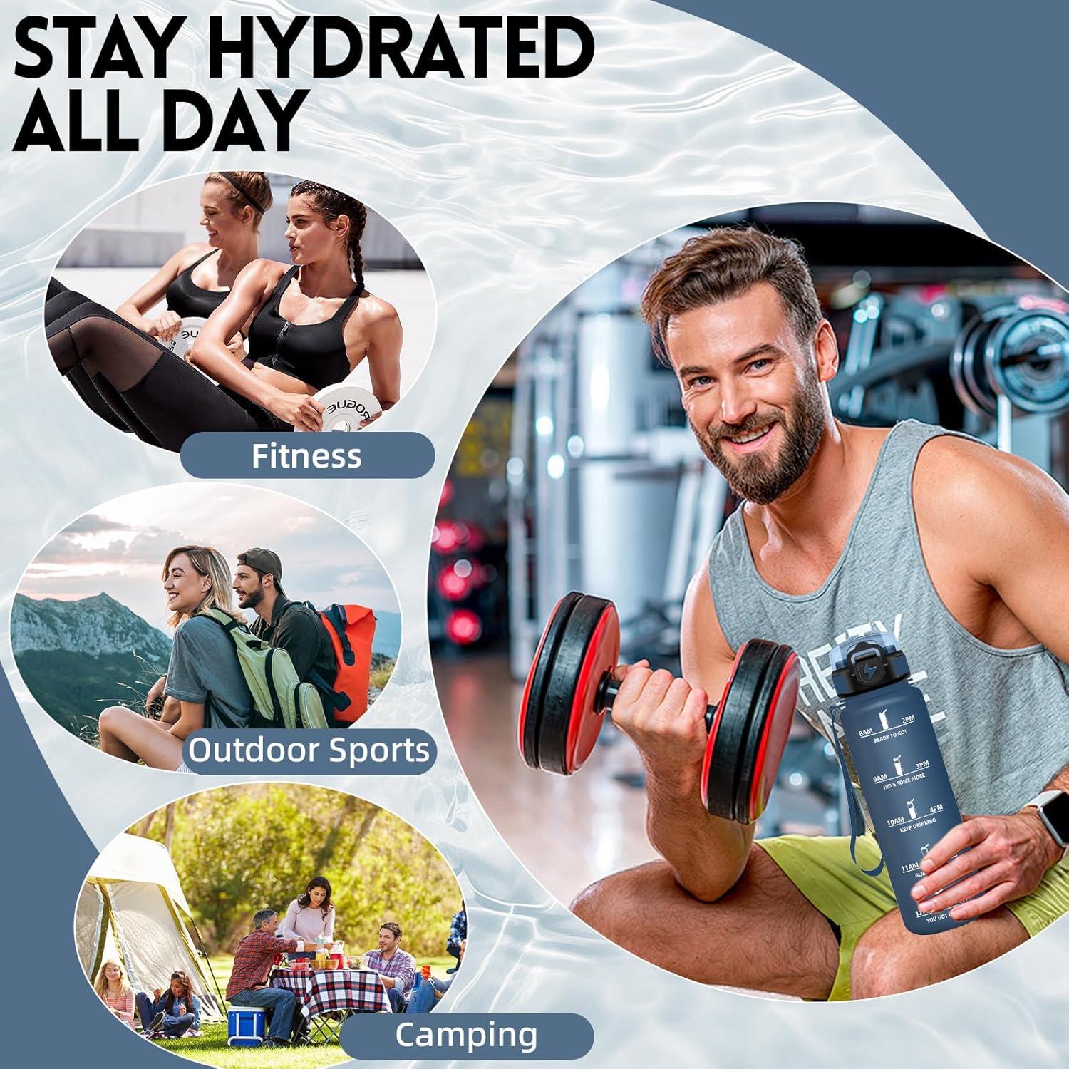 imageGrsta Gourde 1l Anti Fuite Gourde Sport avec Paille Verrou de Scurit Gourdes Motivationnelle Facile Nettoyer Bouteille deau avec Marqueur de Temps pour Cyclisme Gym YogaBleu Fonc