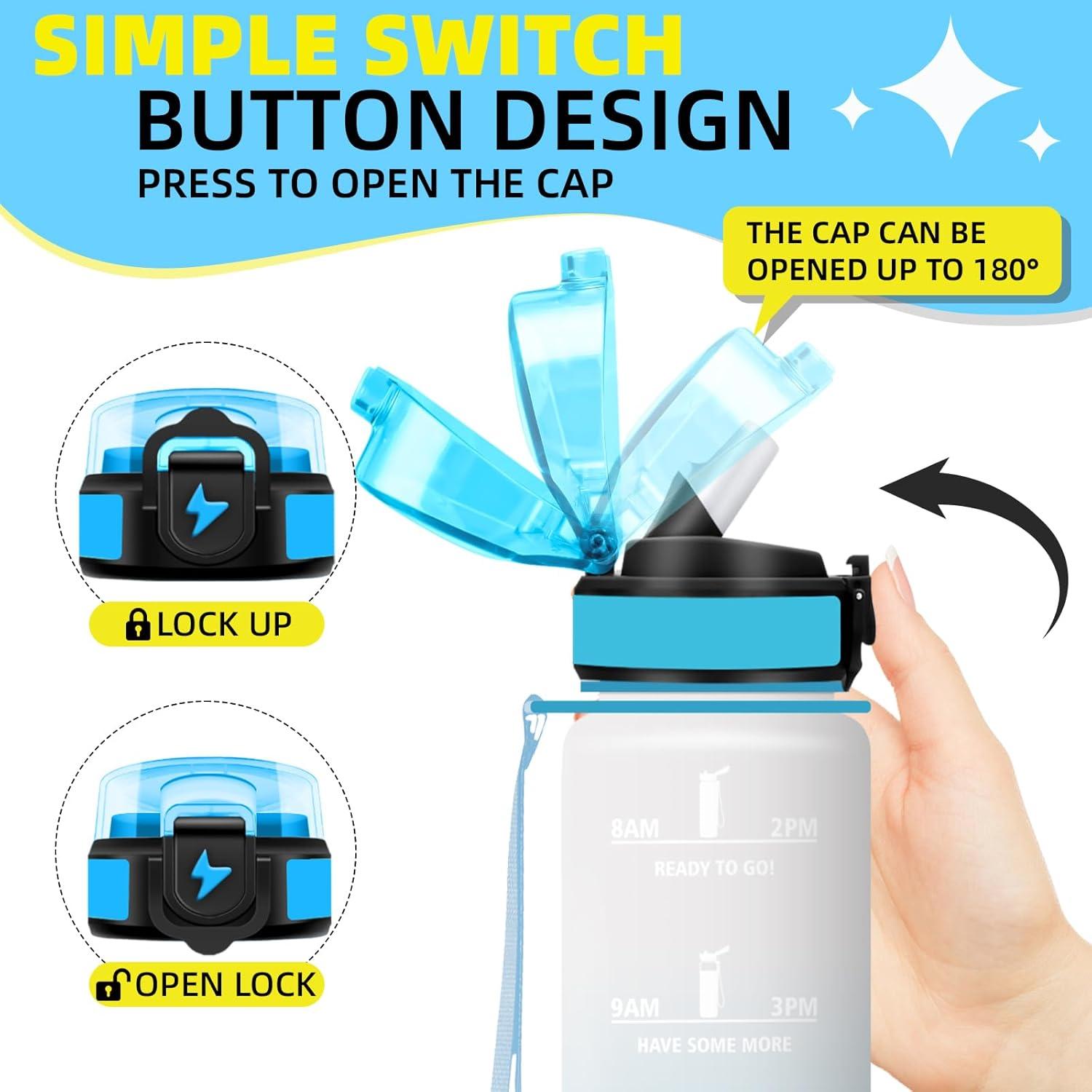 imageGrsta Gourde 1l Anti Fuite Gourde Sport avec Paille Verrou de Scurit Gourdes Motivationnelle Facile Nettoyer Bouteille deau avec Marqueur de Temps pour Cyclisme Gym YogaBlancbleu