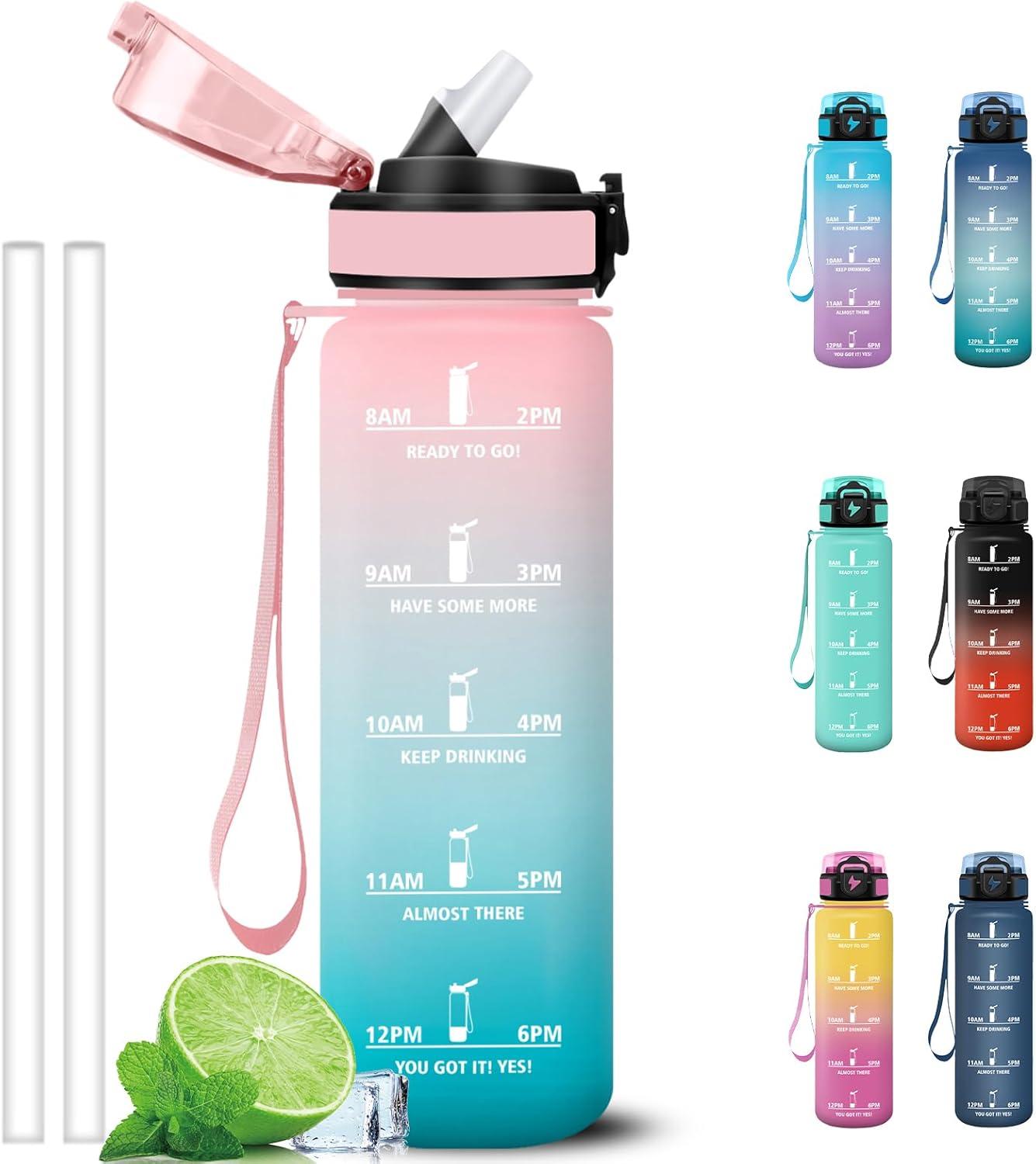 imageGrsta Gourde 1l Anti Fuite Gourde Sport avec Paille Verrou de Scurit Gourdes Motivationnelle Facile Nettoyer Bouteille deau avec Marqueur de Temps pour Cyclisme Gym YogaRosevert