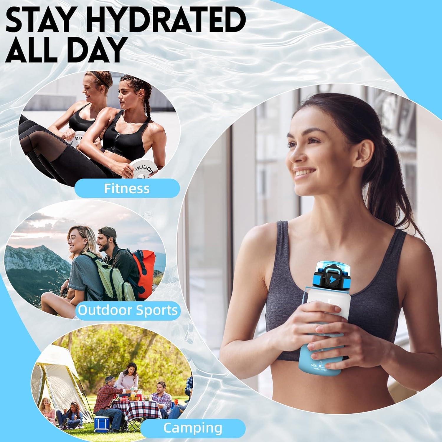 imageGrsta Gourde 1l Anti Fuite Gourde Sport avec Paille Verrou de Scurit Gourdes Motivationnelle Facile Nettoyer Bouteille deau avec Marqueur de Temps pour Cyclisme Gym YogaBlancbleu