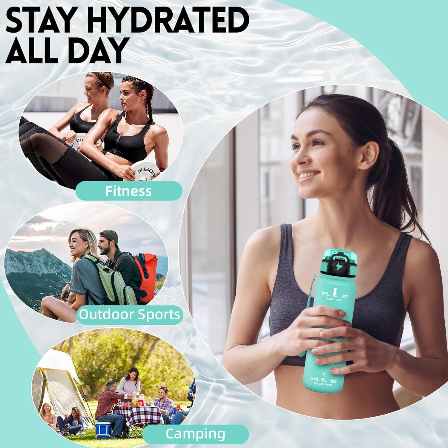 imageGrsta Gourde 1l Anti Fuite Gourde Sport avec Paille Verrou de Scurit Gourdes Motivationnelle Facile Nettoyer Bouteille deau avec Marqueur de Temps pour Cyclisme Gym YogaVert
