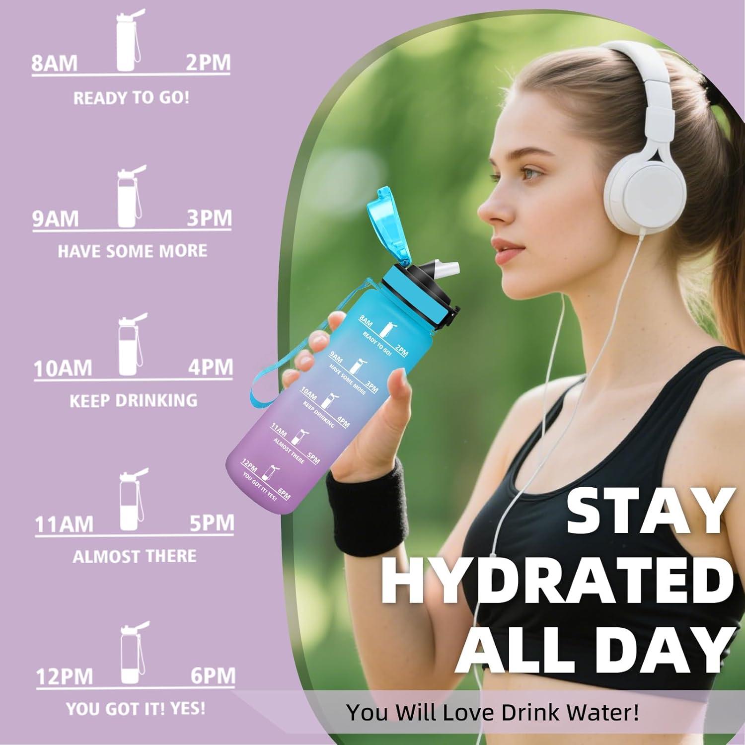imageGrsta Gourde 1l Anti Fuite Gourde Sport avec Paille Verrou de Scurit Gourdes Motivationnelle Facile Nettoyer Bouteille deau avec Marqueur de Temps pour Cyclisme Gym YogaBleuviolet