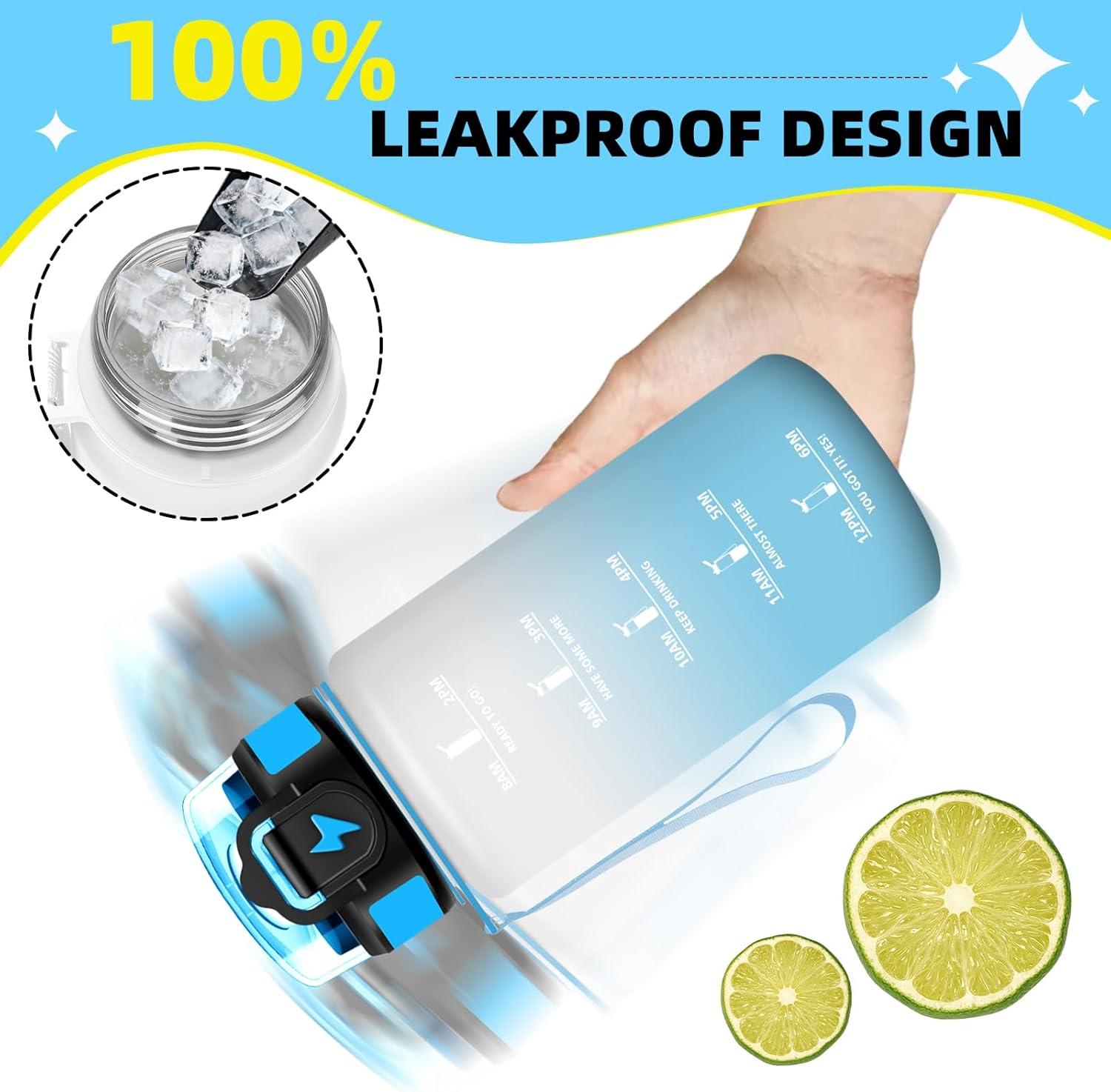 imageGrsta Gourde 1l Anti Fuite Gourde Sport avec Paille Verrou de Scurit Gourdes Motivationnelle Facile Nettoyer Bouteille deau avec Marqueur de Temps pour Cyclisme Gym YogaBlancbleu