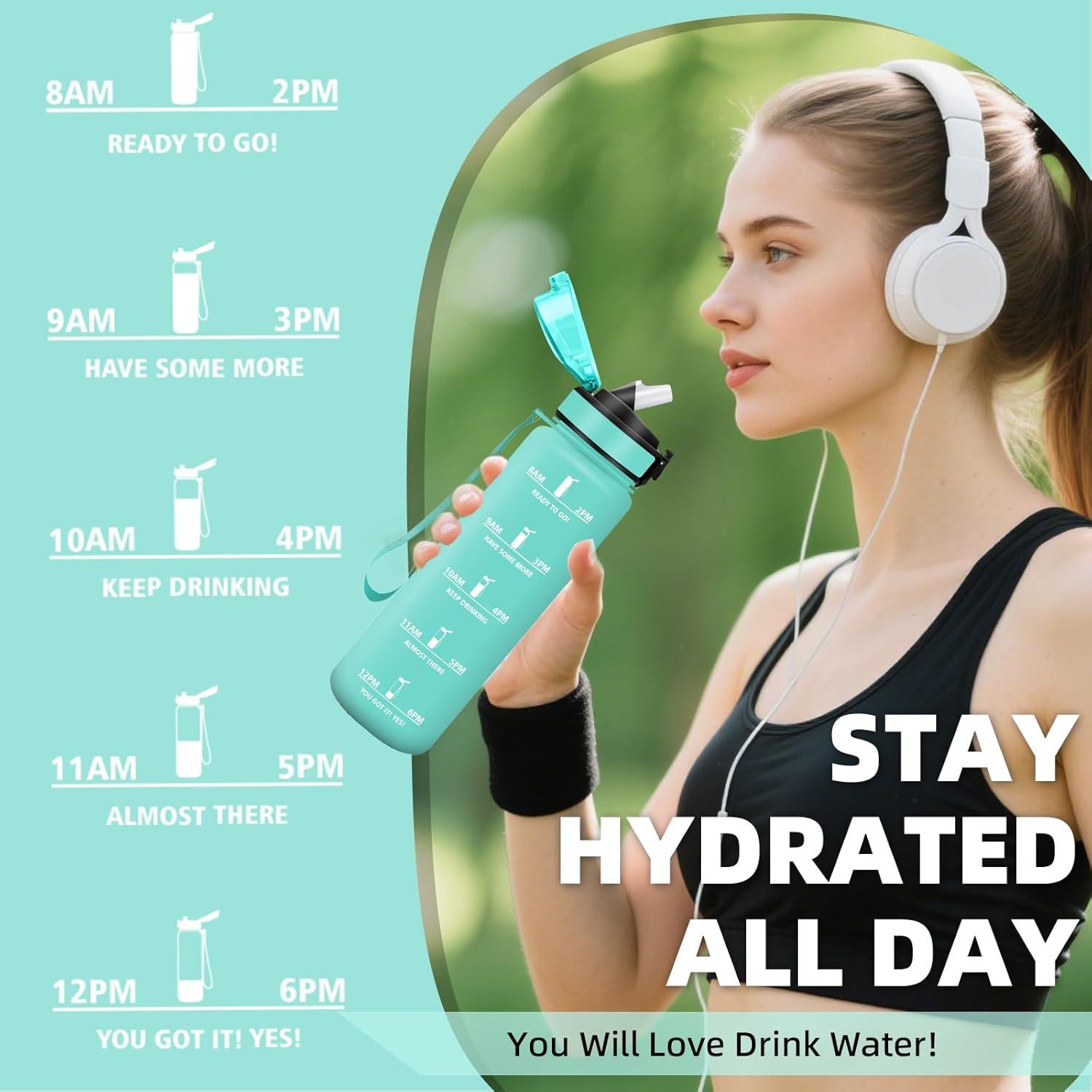 imageGrsta Gourde 1l Anti Fuite Gourde Sport avec Paille Verrou de Scurit Gourdes Motivationnelle Facile Nettoyer Bouteille deau avec Marqueur de Temps pour Cyclisme Gym YogaVert