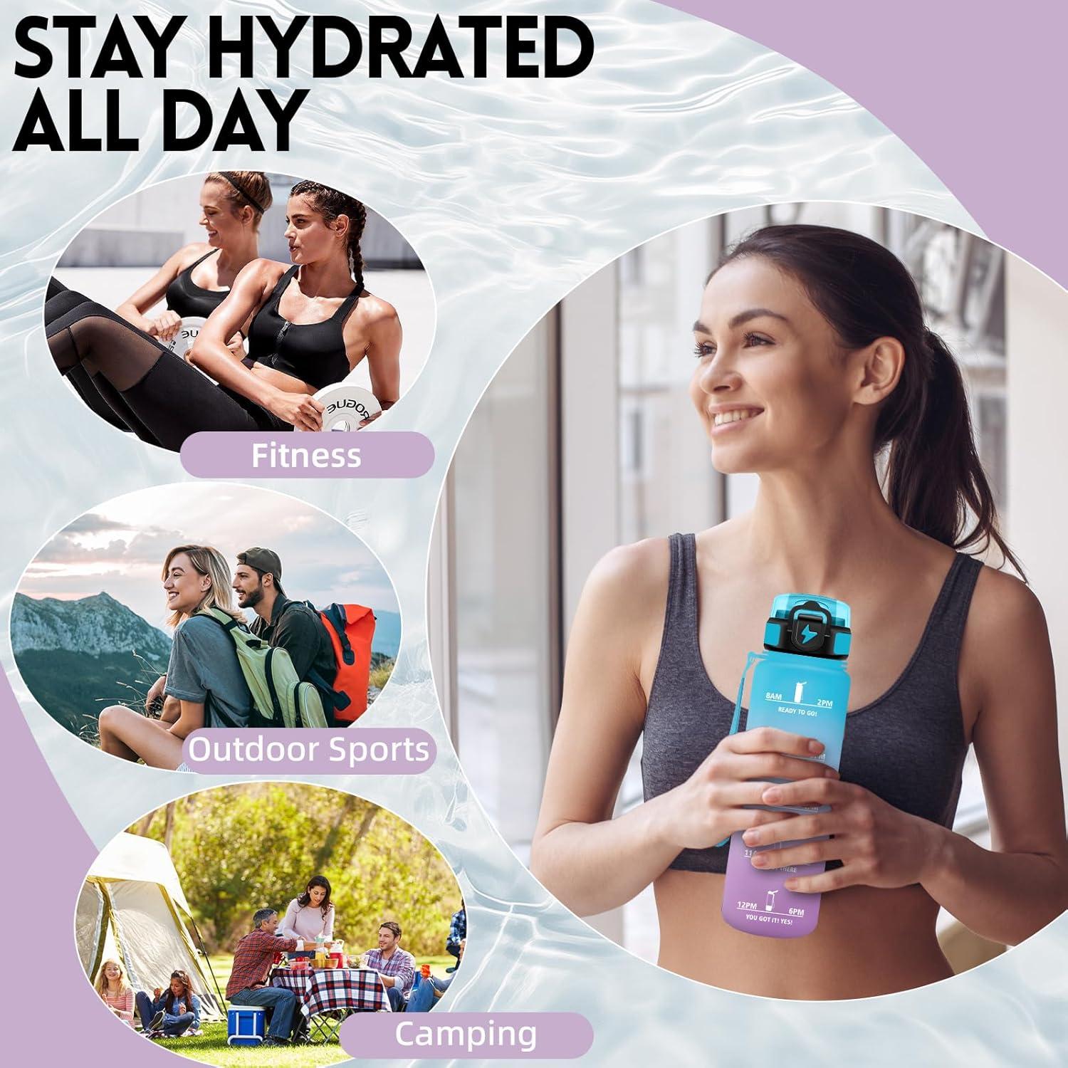 imageGrsta Gourde 1l Anti Fuite Gourde Sport avec Paille Verrou de Scurit Gourdes Motivationnelle Facile Nettoyer Bouteille deau avec Marqueur de Temps pour Cyclisme Gym YogaBleuviolet