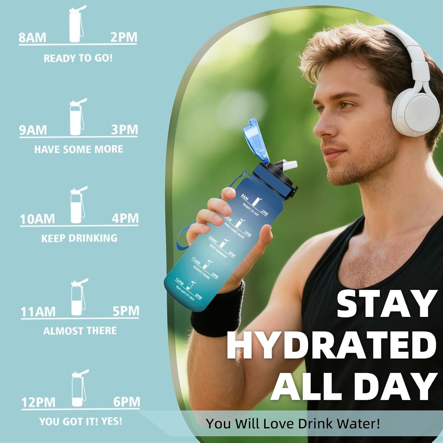 imageGrsta Gourde 1l Anti Fuite Gourde Sport avec Paille Verrou de Scurit Gourdes Motivationnelle Facile Nettoyer Bouteille deau avec Marqueur de Temps pour Cyclisme Gym YogaBleuvert