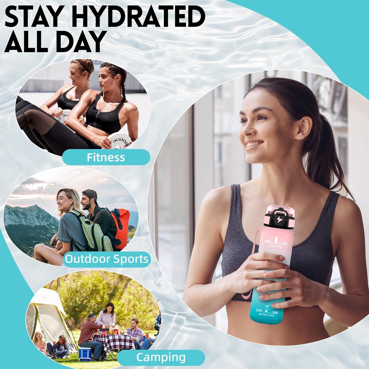 imageGrsta Gourde 1l Anti Fuite Gourde Sport avec Paille Verrou de Scurit Gourdes Motivationnelle Facile Nettoyer Bouteille deau avec Marqueur de Temps pour Cyclisme Gym YogaRosevert