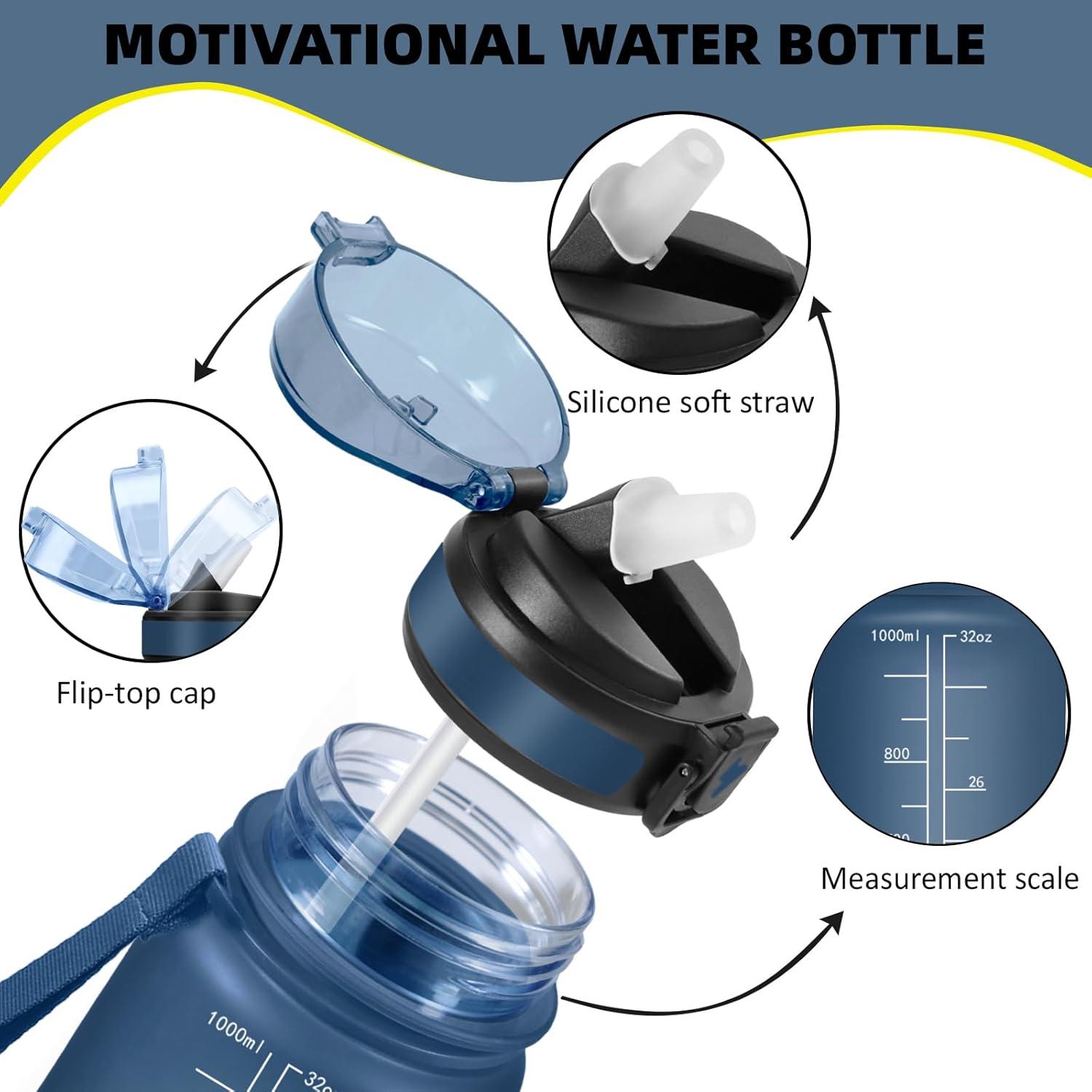 imageGrsta Gourde 1l Anti Fuite Gourde Sport avec Paille Verrou de Scurit Gourdes Motivationnelle Facile Nettoyer Bouteille deau avec Marqueur de Temps pour Cyclisme Gym YogaBleu Fonc