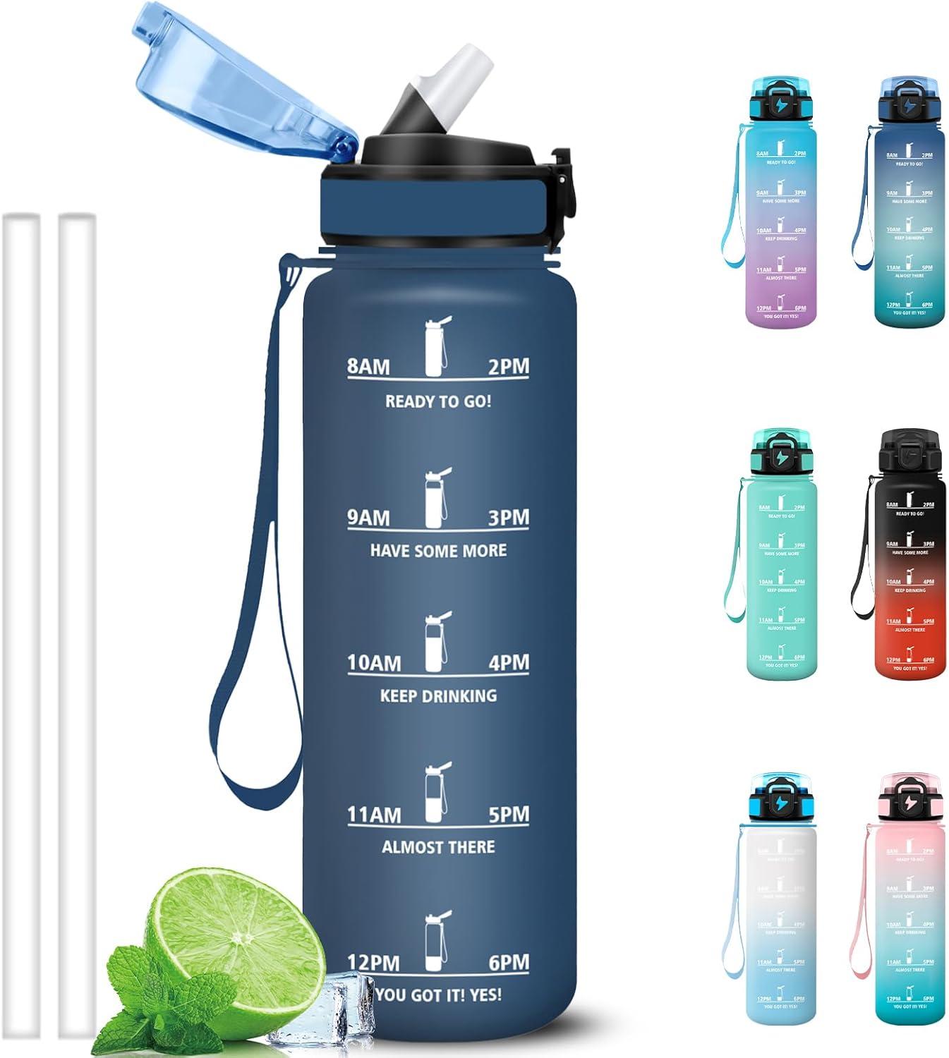 imageGrsta Gourde 1l Anti Fuite Gourde Sport avec Paille Verrou de Scurit Gourdes Motivationnelle Facile Nettoyer Bouteille deau avec Marqueur de Temps pour Cyclisme Gym YogaBleu Fonc