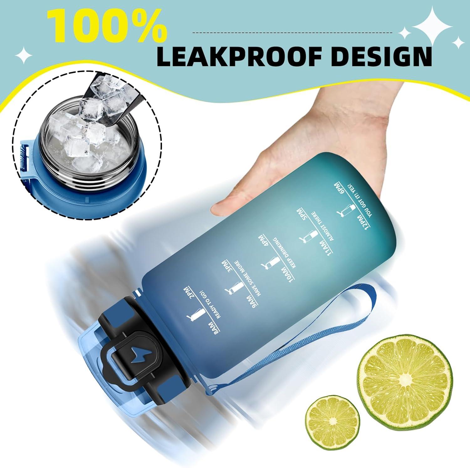 imageGrsta Gourde 1l Anti Fuite Gourde Sport avec Paille Verrou de Scurit Gourdes Motivationnelle Facile Nettoyer Bouteille deau avec Marqueur de Temps pour Cyclisme Gym YogaBleuvert