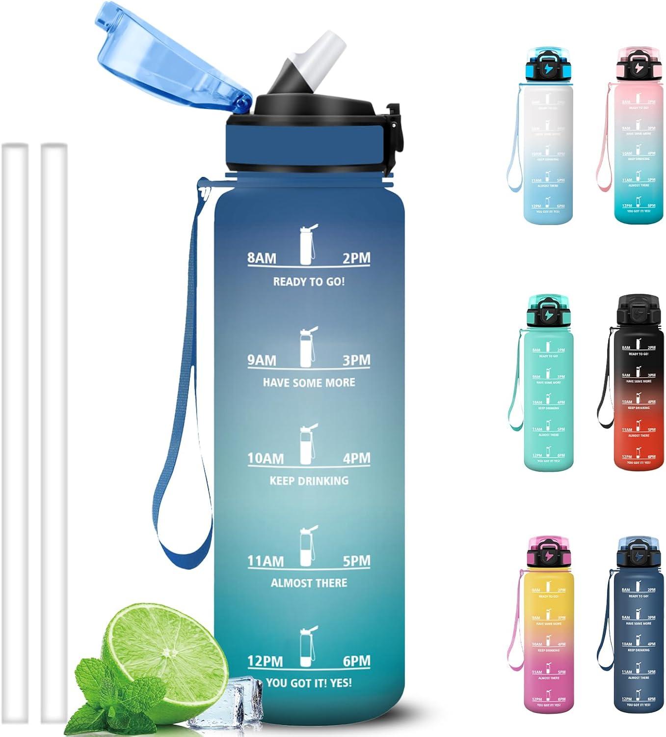 imageGrsta Gourde 1l Anti Fuite Gourde Sport avec Paille Verrou de Scurit Gourdes Motivationnelle Facile Nettoyer Bouteille deau avec Marqueur de Temps pour Cyclisme Gym YogaBleuvert