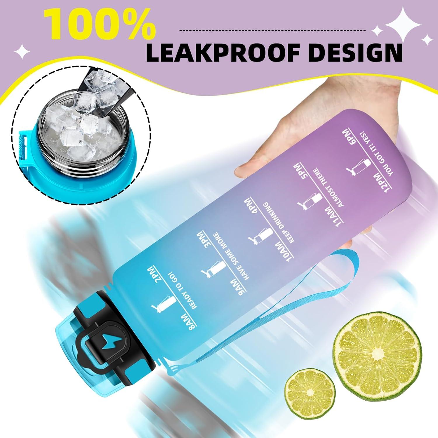 imageGrsta Gourde 1l Anti Fuite Gourde Sport avec Paille Verrou de Scurit Gourdes Motivationnelle Facile Nettoyer Bouteille deau avec Marqueur de Temps pour Cyclisme Gym YogaBleuviolet