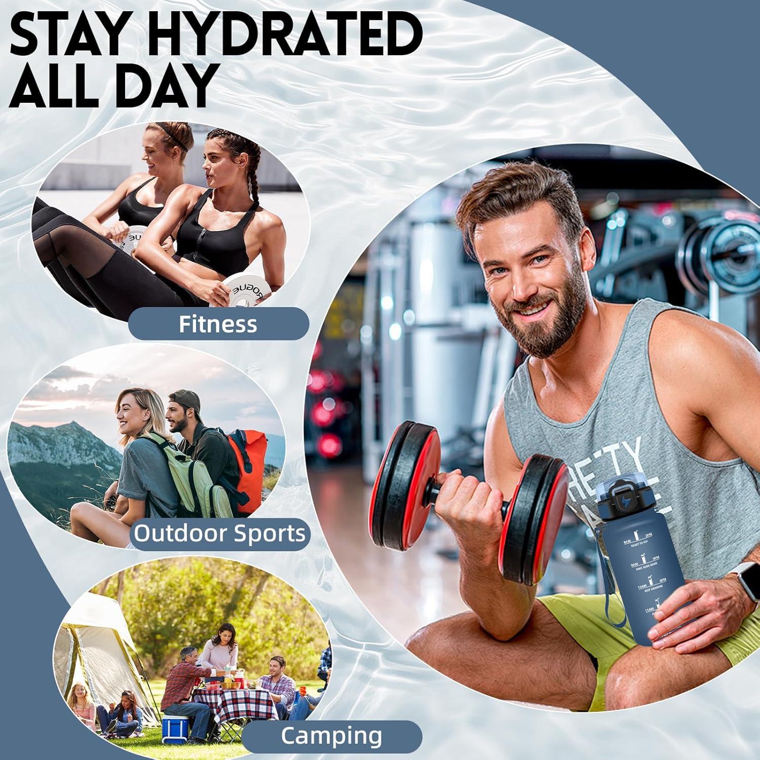 imageGrsta Gourde 1l Anti Fuite Gourde Sport avec Paille Verrou de Scurit Gourdes Motivationnelle Facile Nettoyer Bouteille deau avec Marqueur de Temps pour Cyclisme Gym YogaBleu Fonc