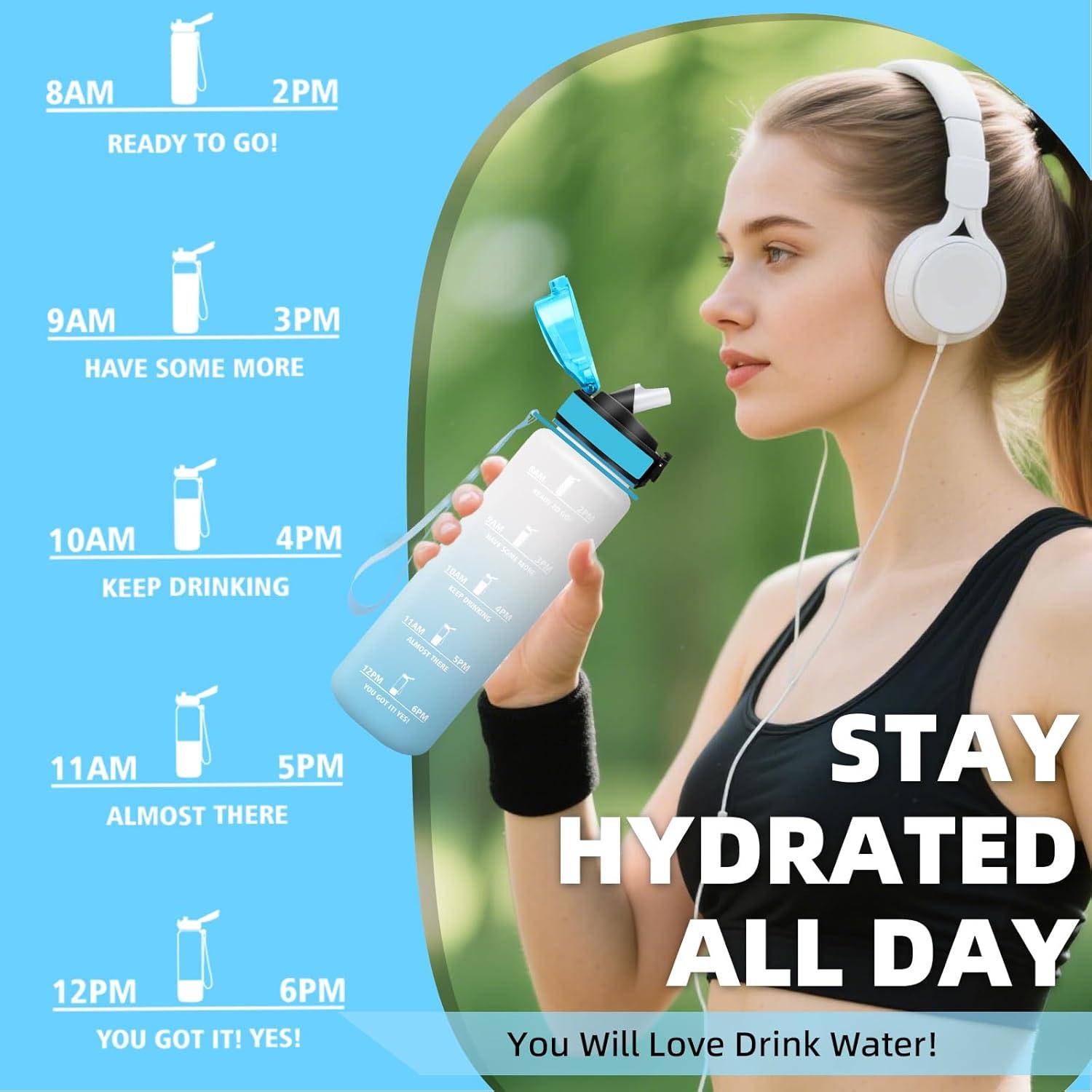 imageGrsta Gourde 1l Anti Fuite Gourde Sport avec Paille Verrou de Scurit Gourdes Motivationnelle Facile Nettoyer Bouteille deau avec Marqueur de Temps pour Cyclisme Gym YogaBlancbleu