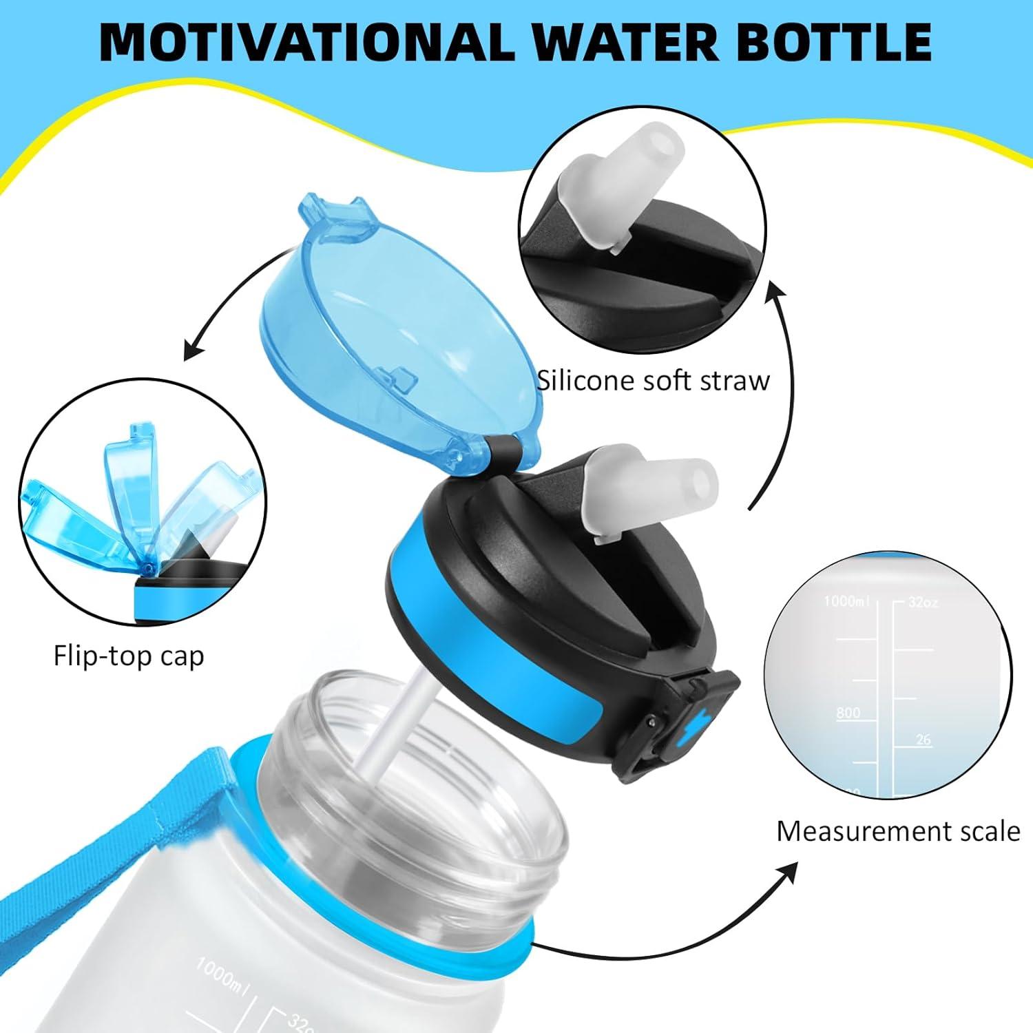 imageGrsta Gourde 1l Anti Fuite Gourde Sport avec Paille Verrou de Scurit Gourdes Motivationnelle Facile Nettoyer Bouteille deau avec Marqueur de Temps pour Cyclisme Gym YogaBlancbleu