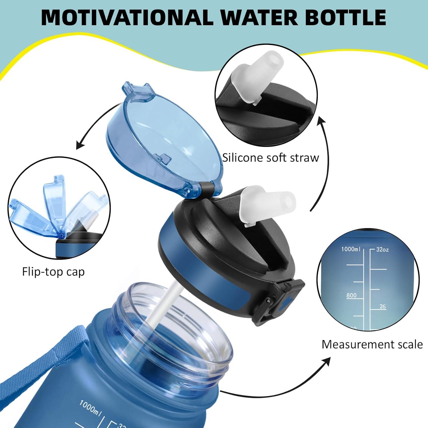 imageGrsta Gourde 1l Anti Fuite Gourde Sport avec Paille Verrou de Scurit Gourdes Motivationnelle Facile Nettoyer Bouteille deau avec Marqueur de Temps pour Cyclisme Gym YogaBleuvert