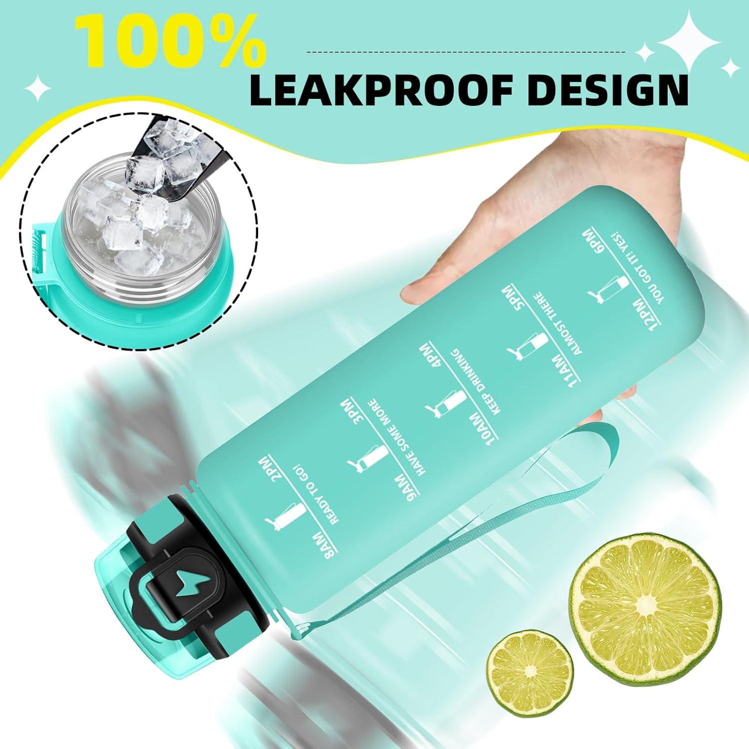 imageGrsta Gourde 1l Anti Fuite Gourde Sport avec Paille Verrou de Scurit Gourdes Motivationnelle Facile Nettoyer Bouteille deau avec Marqueur de Temps pour Cyclisme Gym YogaVert