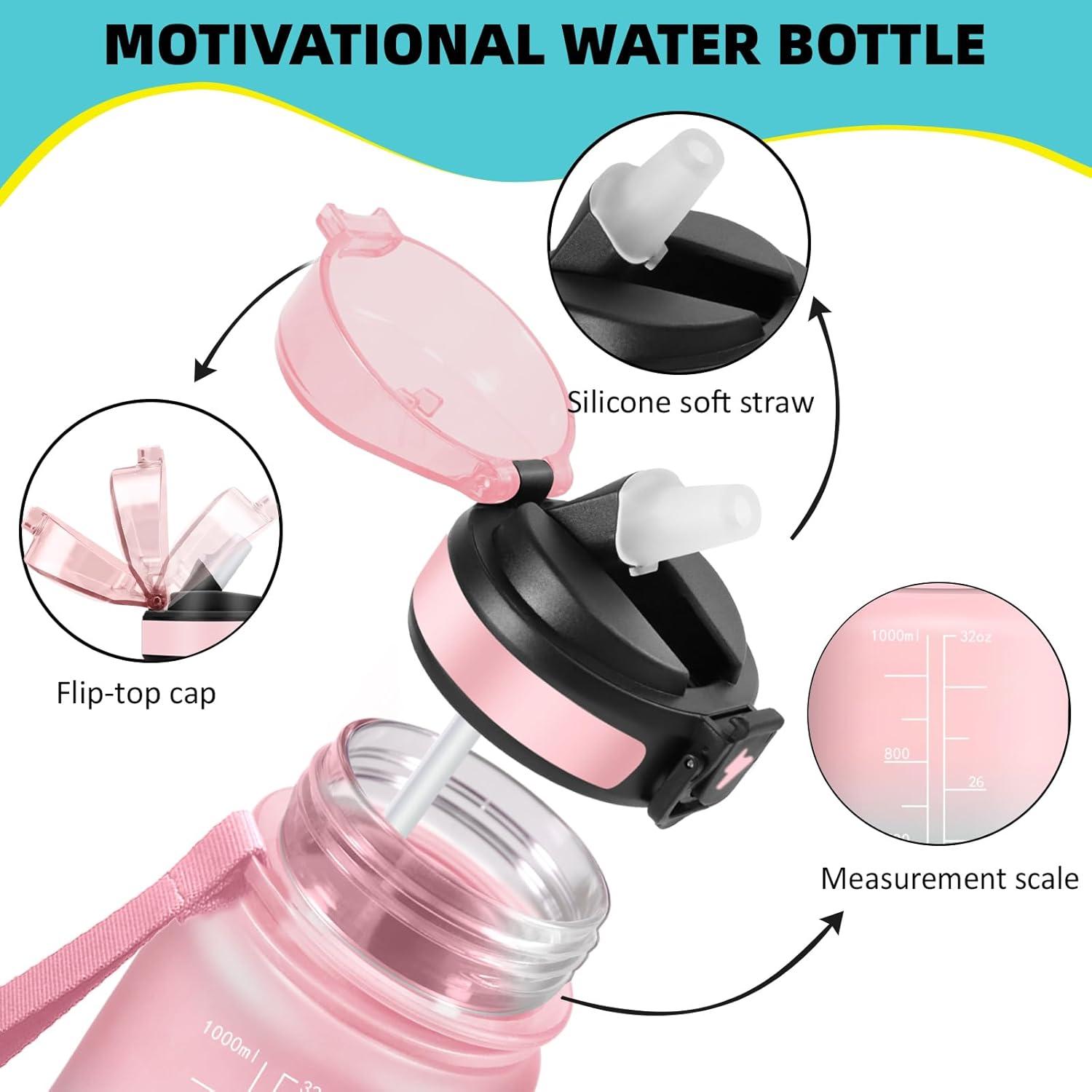 imageGrsta Gourde 1l Anti Fuite Gourde Sport avec Paille Verrou de Scurit Gourdes Motivationnelle Facile Nettoyer Bouteille deau avec Marqueur de Temps pour Cyclisme Gym YogaRosevert