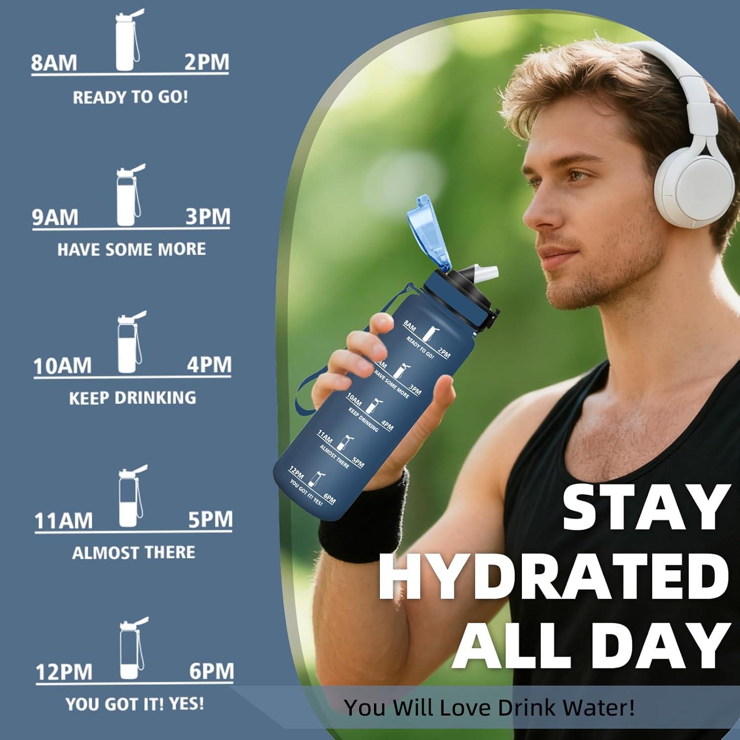 imageGrsta Gourde 1l Anti Fuite Gourde Sport avec Paille Verrou de Scurit Gourdes Motivationnelle Facile Nettoyer Bouteille deau avec Marqueur de Temps pour Cyclisme Gym YogaBleu Fonc