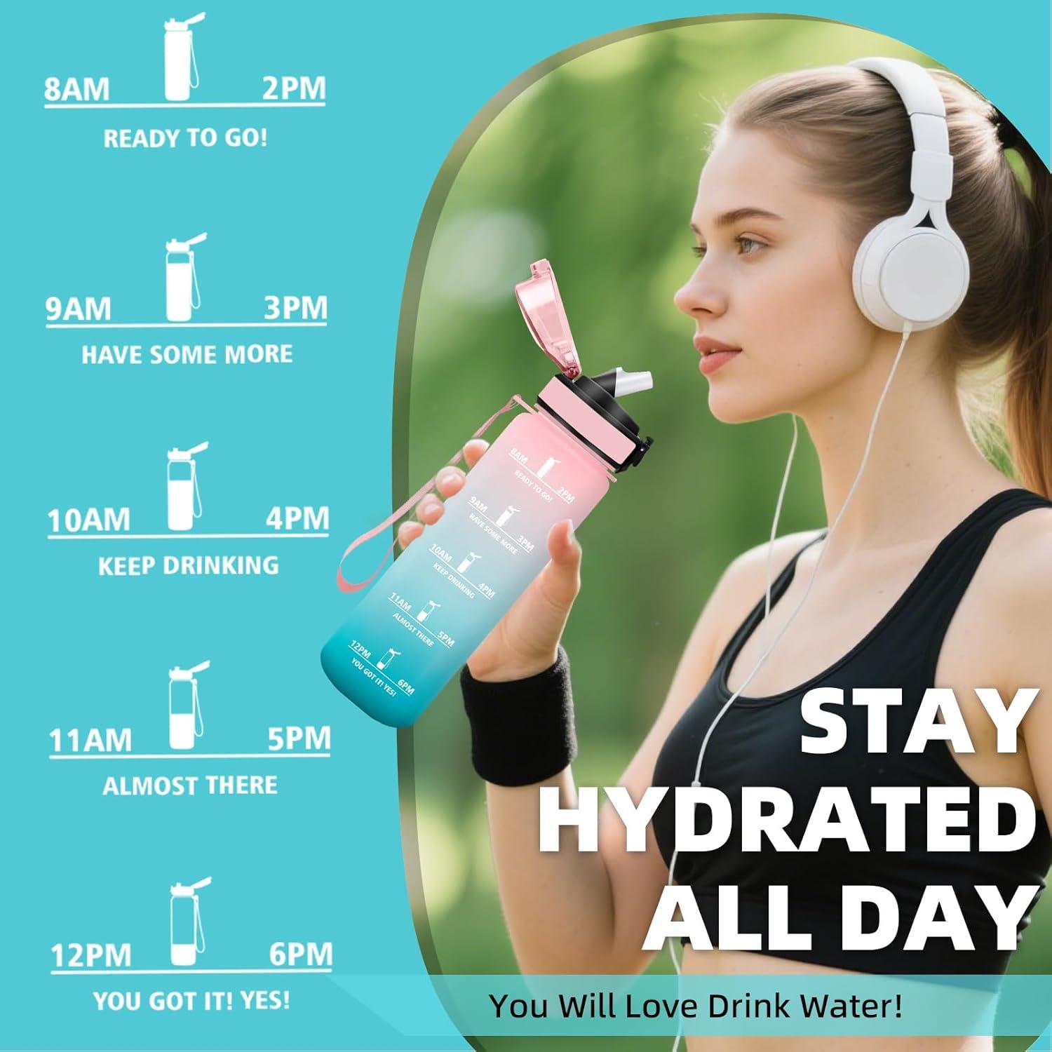 imageGrsta Gourde 1l Anti Fuite Gourde Sport avec Paille Verrou de Scurit Gourdes Motivationnelle Facile Nettoyer Bouteille deau avec Marqueur de Temps pour Cyclisme Gym YogaRosevert