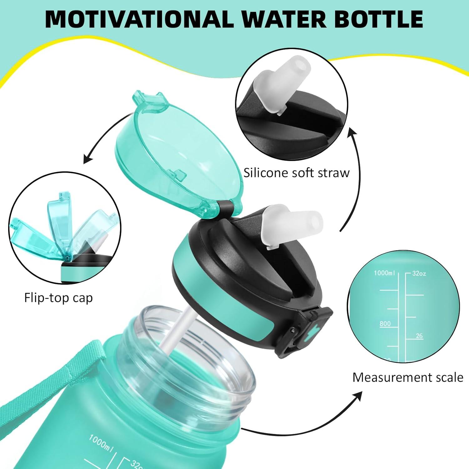 imageGrsta Gourde 1l Anti Fuite Gourde Sport avec Paille Verrou de Scurit Gourdes Motivationnelle Facile Nettoyer Bouteille deau avec Marqueur de Temps pour Cyclisme Gym YogaVert