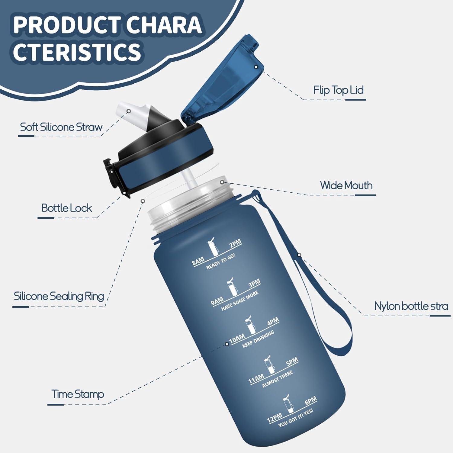 imageHoneyHolly Gourde Enfant 500 Ml sans BPA Water Bottle avec Paille Antifuite Bouteille deau Motivante avec Marqueur de Temps Gourde Gradue Bouteille pour Gymnase cole CyclismeBleu Marine 500ml