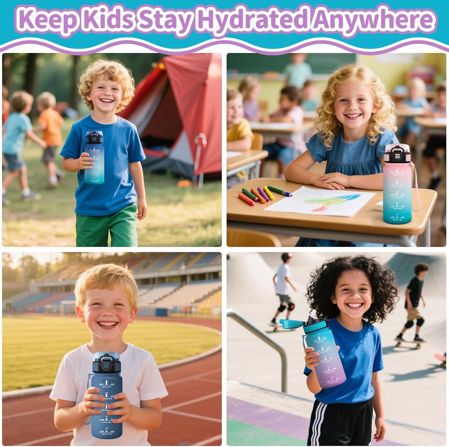 imageHoneyHolly Gourde Enfant 500 Ml sans BPA Water Bottle avec Paille Antifuite Bouteille deau Motivante avec Marqueur de Temps Gourde Gradue Bouteille pour Gymnase cole CyclismeBleu Violet 500ml