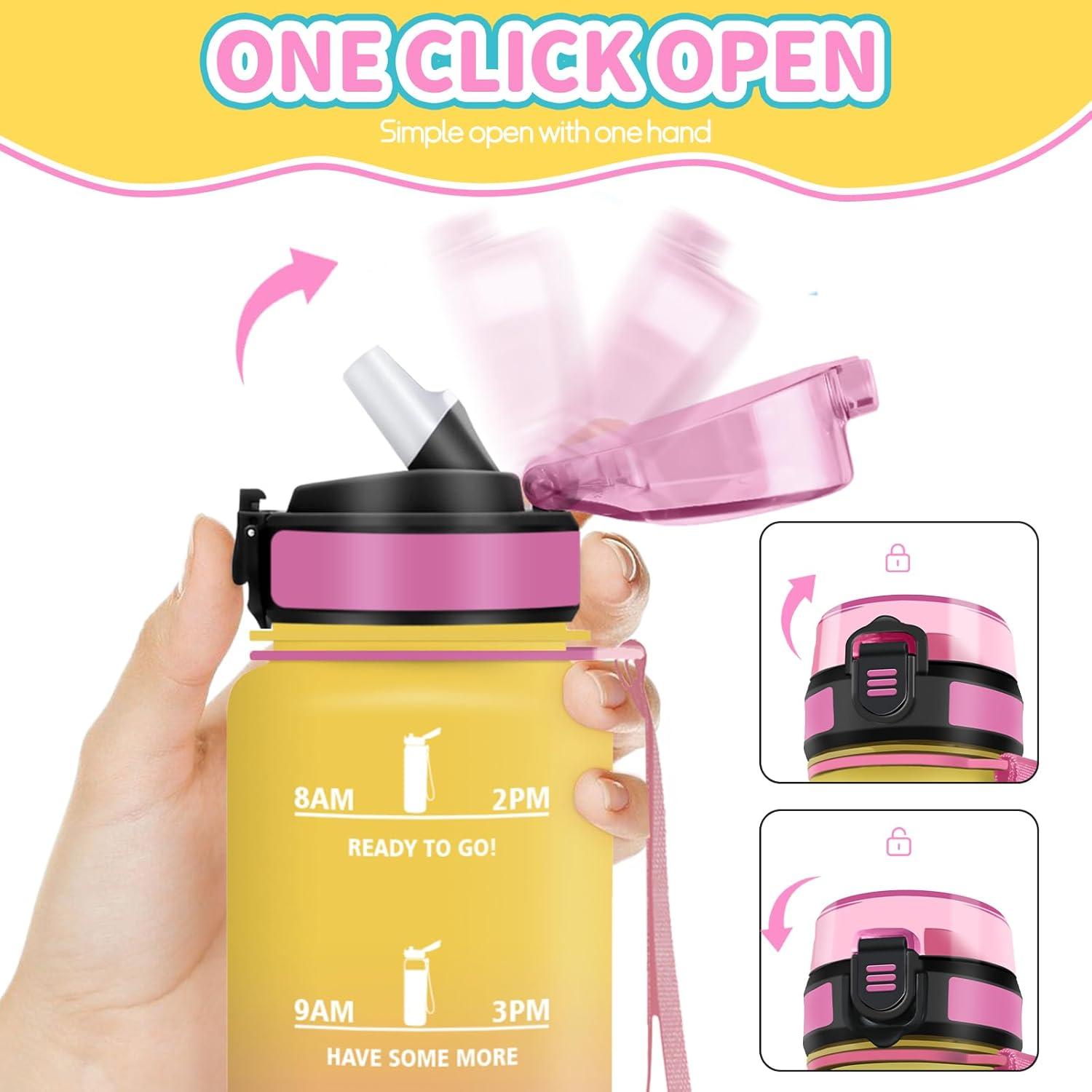 imageHoneyHolly Gourde Enfant 500 Ml sans BPA Water Bottle avec Paille Antifuite Bouteille deau Motivante avec Marqueur de Temps Gourde Gradue Bouteille pour Gymnase cole CyclismeJaune Rose 500ml