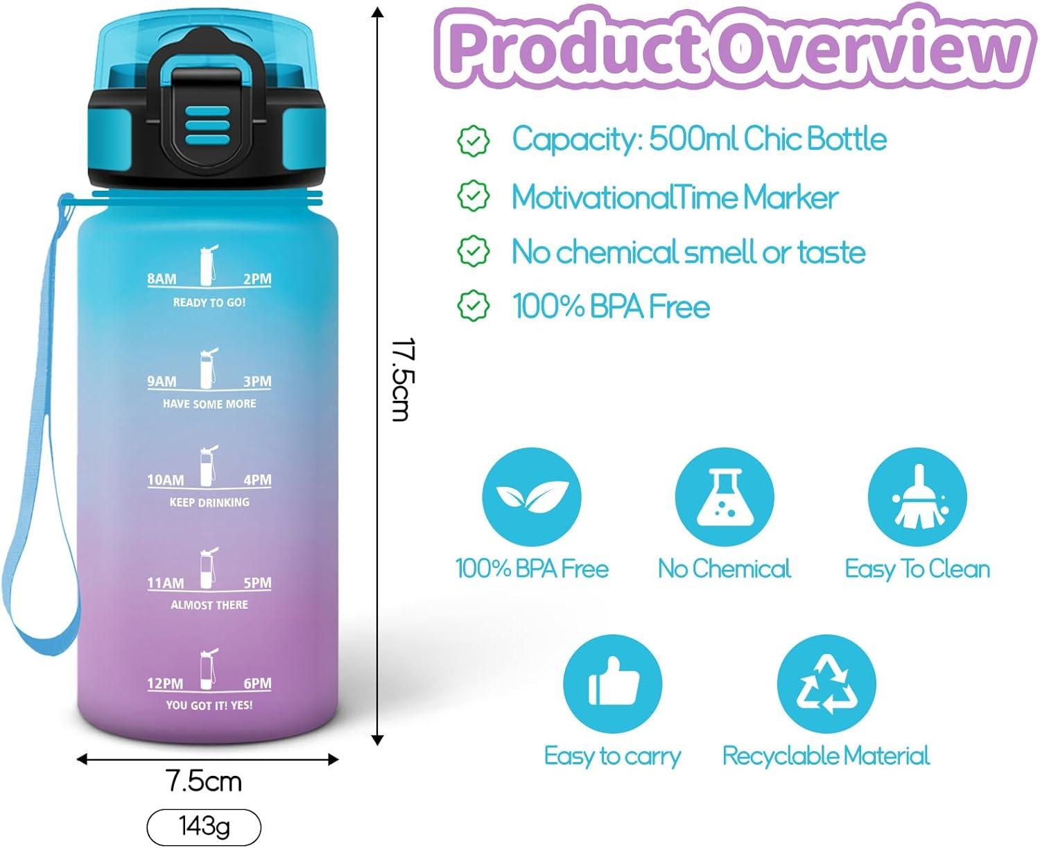 imageHoneyHolly Gourde Enfant 500 Ml sans BPA Water Bottle avec Paille Antifuite Bouteille deau Motivante avec Marqueur de Temps Gourde Gradue Bouteille pour Gymnase cole CyclismeBleu Violet 500ml