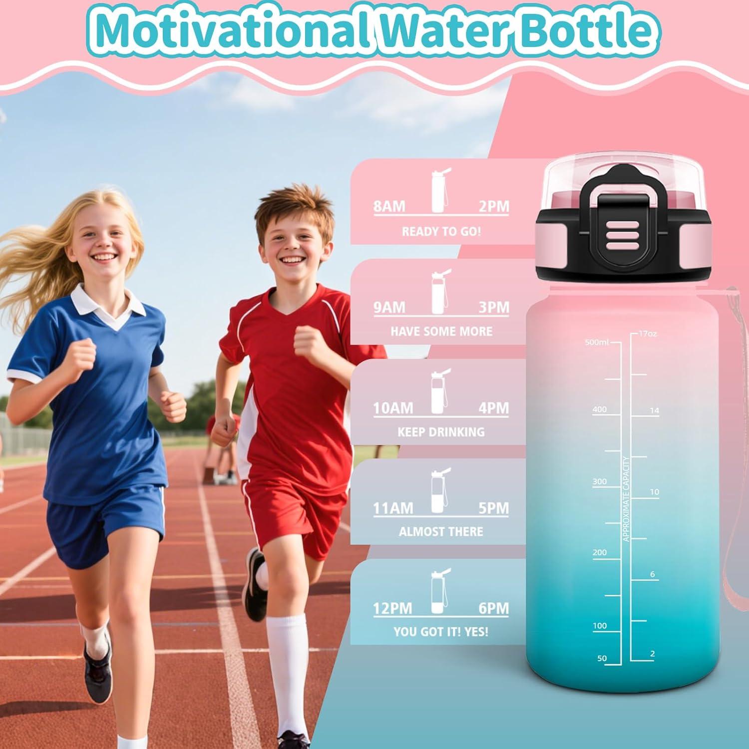 imageHoneyHolly Gourde Enfant 500 Ml sans BPA Water Bottle avec Paille Antifuite Bouteille deau Motivante avec Marqueur de Temps Gourde Gradue Bouteille pour Gymnase cole CyclismeRose Cyan 500ml