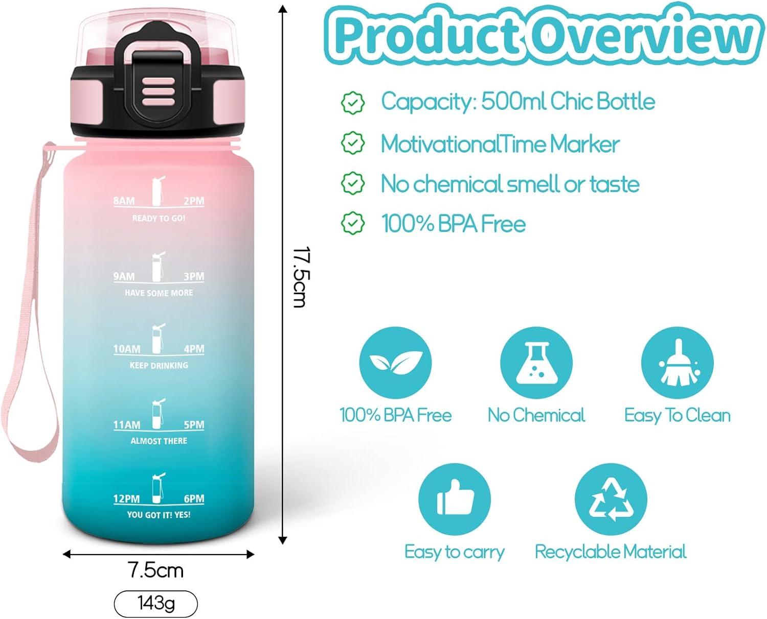 imageHoneyHolly Gourde Enfant 500 Ml sans BPA Water Bottle avec Paille Antifuite Bouteille deau Motivante avec Marqueur de Temps Gourde Gradue Bouteille pour Gymnase cole CyclismeRose Cyan 500ml