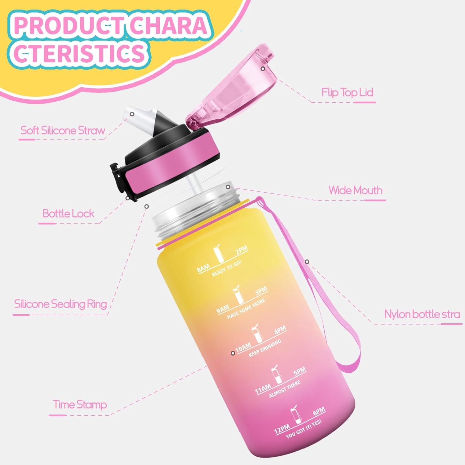 imageHoneyHolly Gourde Enfant 500 Ml sans BPA Water Bottle avec Paille Antifuite Bouteille deau Motivante avec Marqueur de Temps Gourde Gradue Bouteille pour Gymnase cole CyclismeJaune Rose 500ml