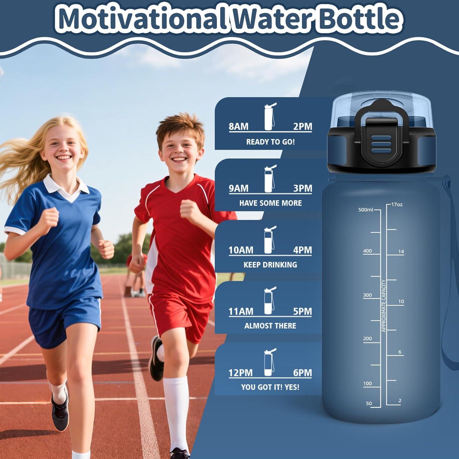 imageHoneyHolly Gourde Enfant 500 Ml sans BPA Water Bottle avec Paille Antifuite Bouteille deau Motivante avec Marqueur de Temps Gourde Gradue Bouteille pour Gymnase cole CyclismeBleu Marine 500ml