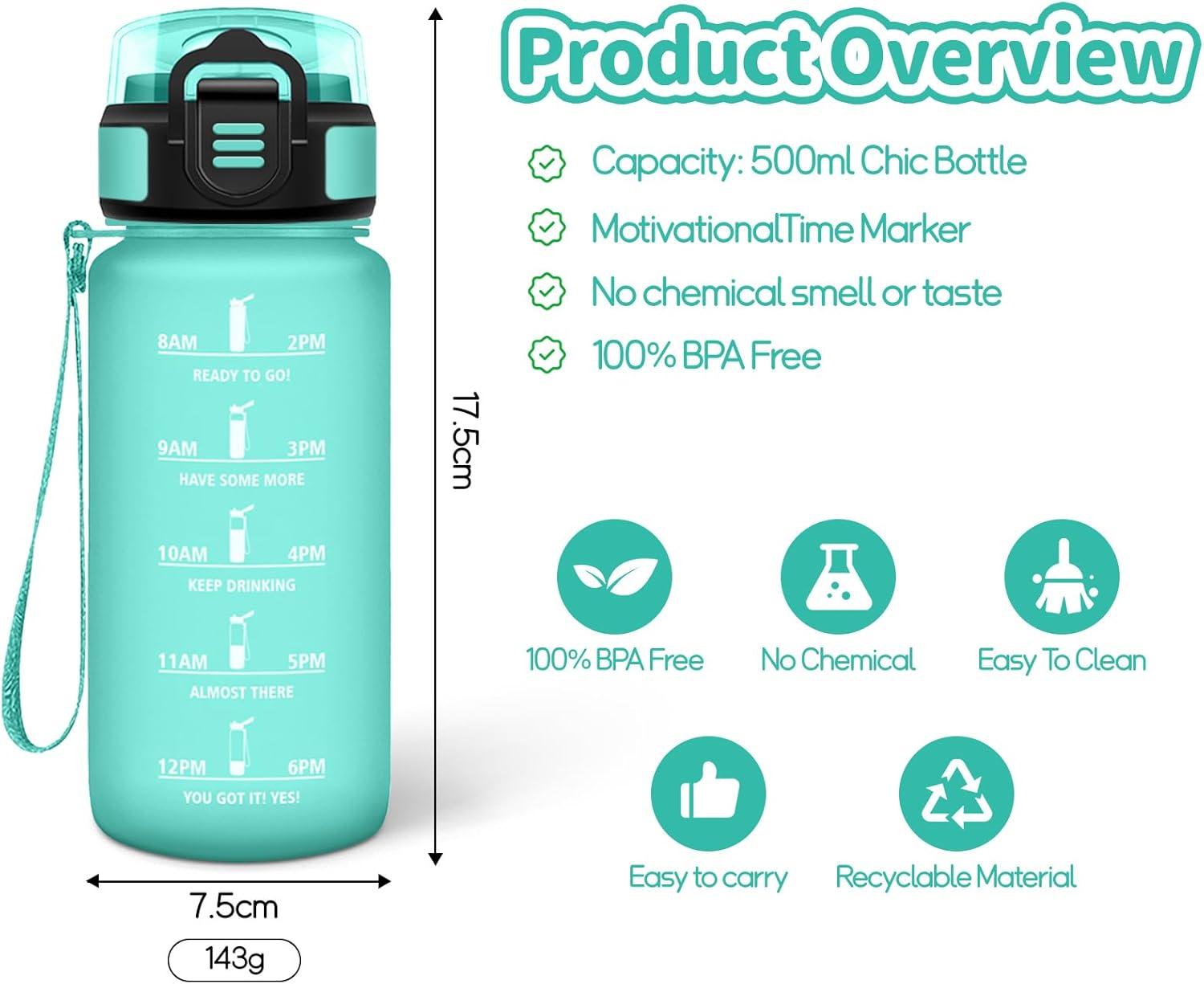 imageHoneyHolly Gourde Enfant 500 Ml sans BPA Water Bottle avec Paille Antifuite Bouteille deau Motivante avec Marqueur de Temps Gourde Gradue Bouteille pour Gymnase cole CyclismeBleu Vert 500ml