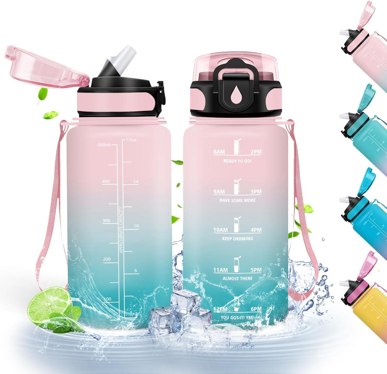 imageHoneyHolly Gourde Enfant 500 Ml sans BPA Water Bottle avec Paille Antifuite Bouteille deau Motivante avec Marqueur de Temps Gourde Gradue Bouteille pour Gymnase cole CyclismeRaindropspinkcyan