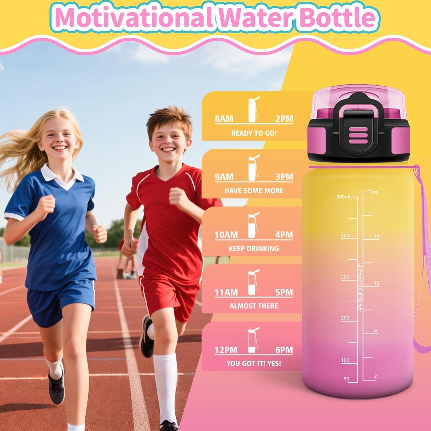 imageHoneyHolly Gourde Enfant 500 Ml sans BPA Water Bottle avec Paille Antifuite Bouteille deau Motivante avec Marqueur de Temps Gourde Gradue Bouteille pour Gymnase cole CyclismeJaune Rose 500ml