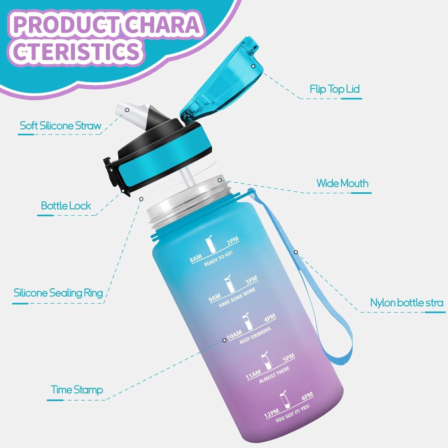 imageHoneyHolly Gourde Enfant 500 Ml sans BPA Water Bottle avec Paille Antifuite Bouteille deau Motivante avec Marqueur de Temps Gourde Gradue Bouteille pour Gymnase cole CyclismeBleu Violet 500ml