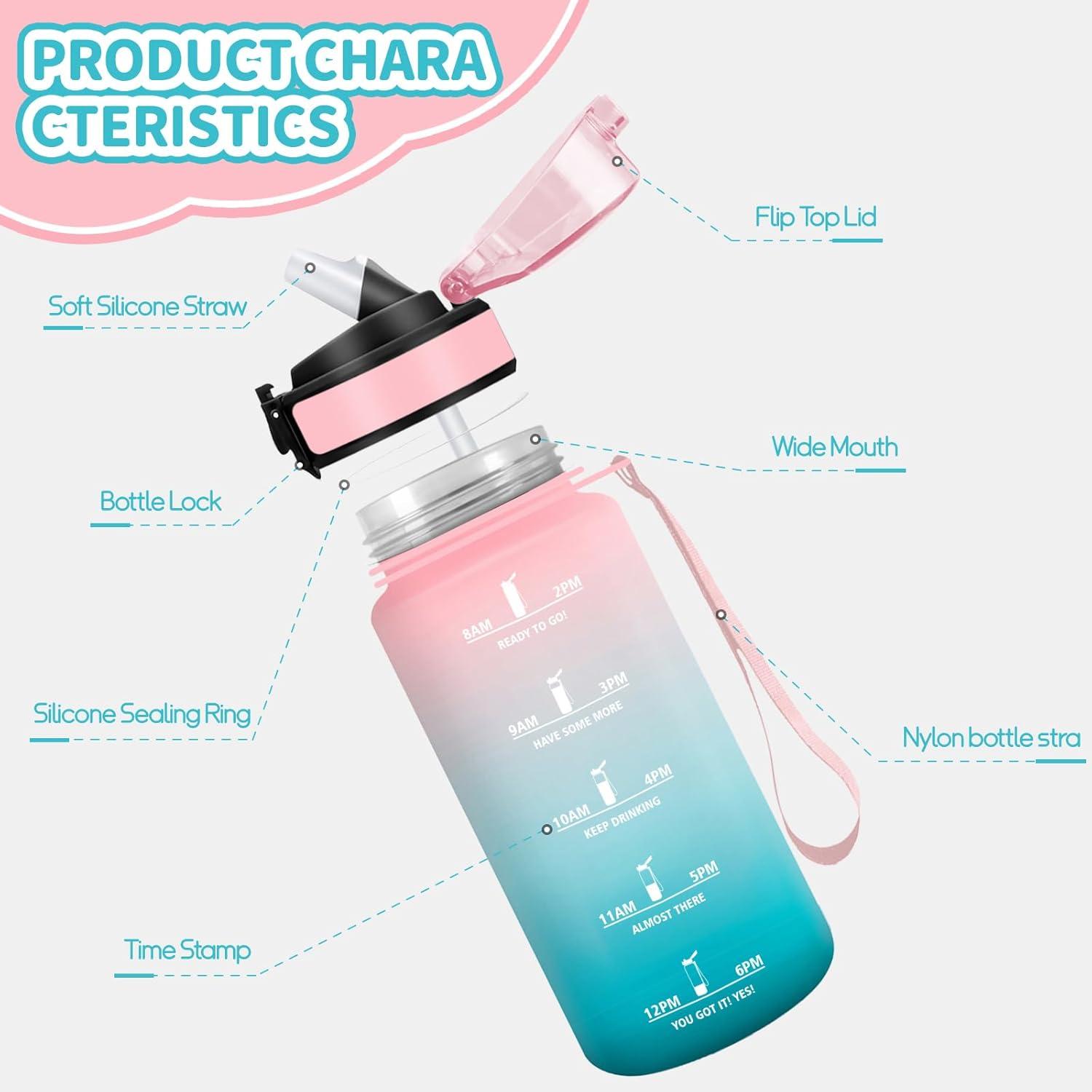 imageHoneyHolly Gourde Enfant 500 Ml sans BPA Water Bottle avec Paille Antifuite Bouteille deau Motivante avec Marqueur de Temps Gourde Gradue Bouteille pour Gymnase cole CyclismeRose Cyan 500ml