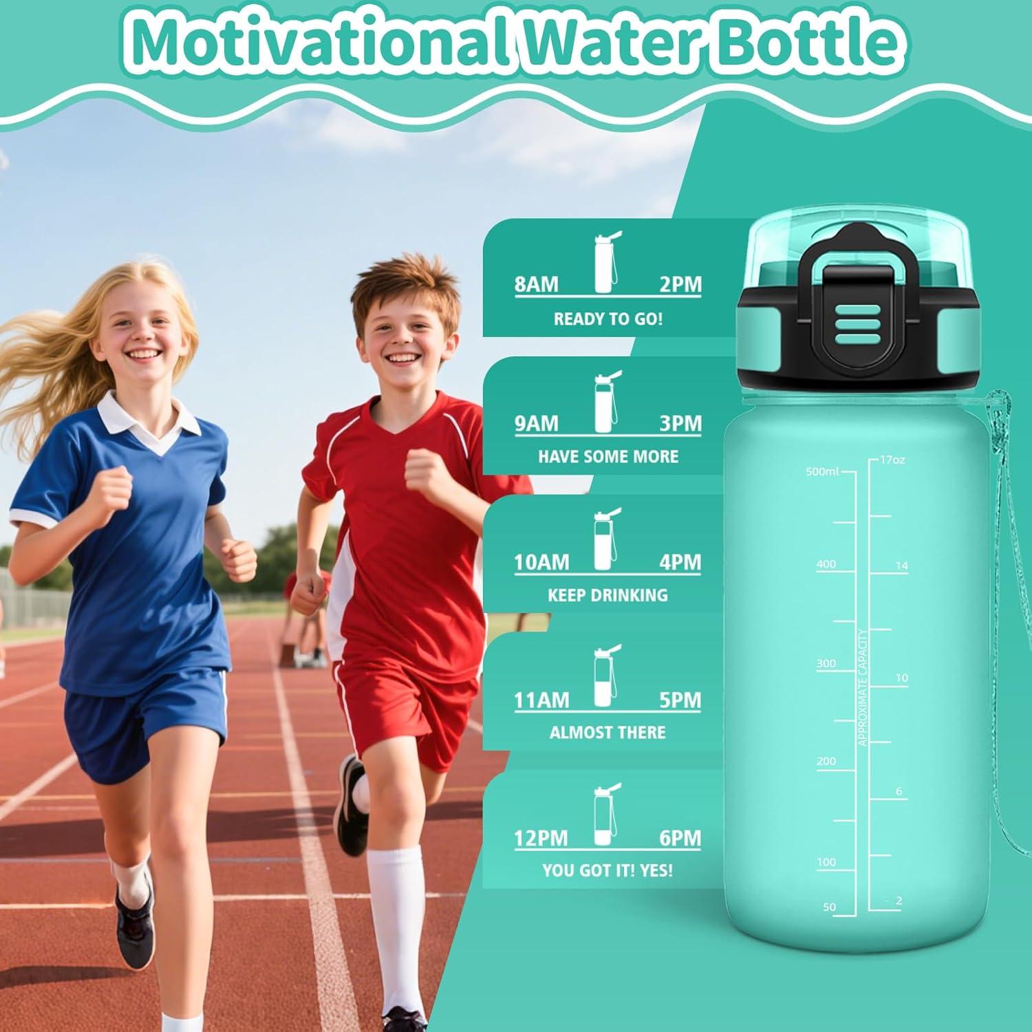 imageHoneyHolly Gourde Enfant 500 Ml sans BPA Water Bottle avec Paille Antifuite Bouteille deau Motivante avec Marqueur de Temps Gourde Gradue Bouteille pour Gymnase cole CyclismeBleu Vert 500ml