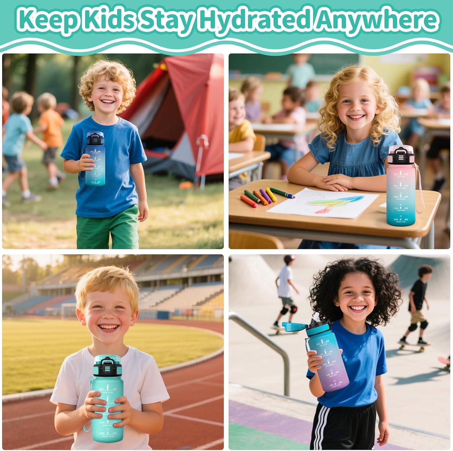 imageHoneyHolly Gourde Enfant 500 Ml sans BPA Water Bottle avec Paille Antifuite Bouteille deau Motivante avec Marqueur de Temps Gourde Gradue Bouteille pour Gymnase cole CyclismeBleu Vert 500ml