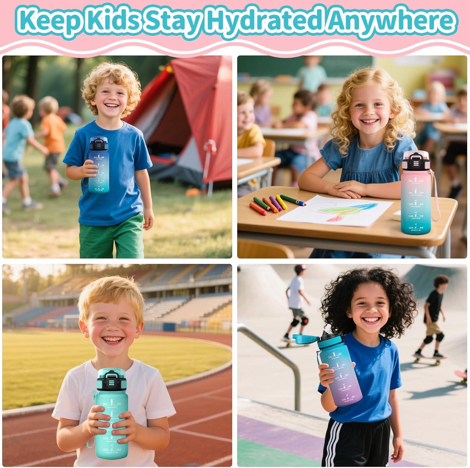 imageHoneyHolly Gourde Enfant 500 Ml sans BPA Water Bottle avec Paille Antifuite Bouteille deau Motivante avec Marqueur de Temps Gourde Gradue Bouteille pour Gymnase cole CyclismeRose Cyan 500ml