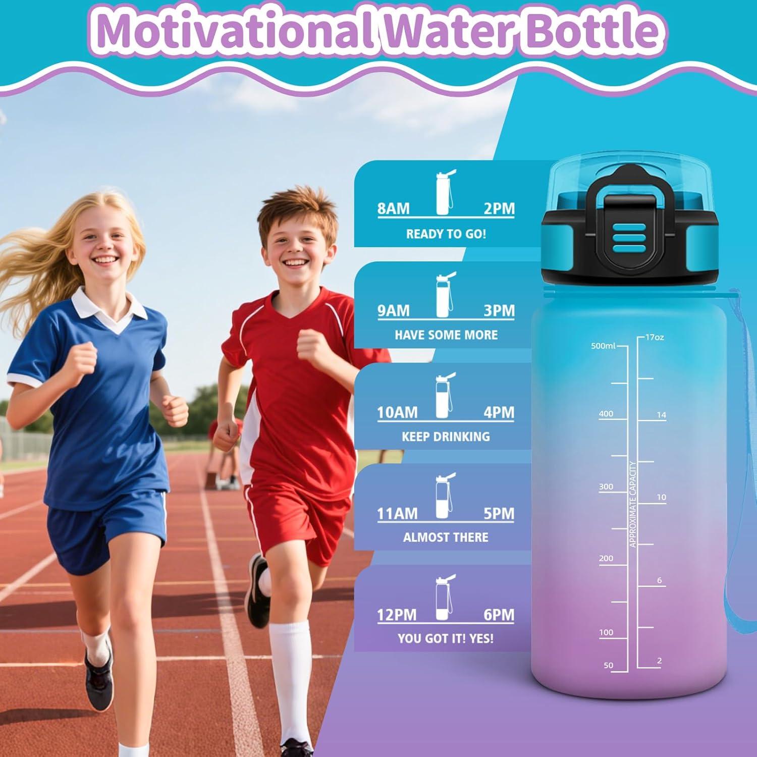 imageHoneyHolly Gourde Enfant 500 Ml sans BPA Water Bottle avec Paille Antifuite Bouteille deau Motivante avec Marqueur de Temps Gourde Gradue Bouteille pour Gymnase cole CyclismeBleu Violet 500ml