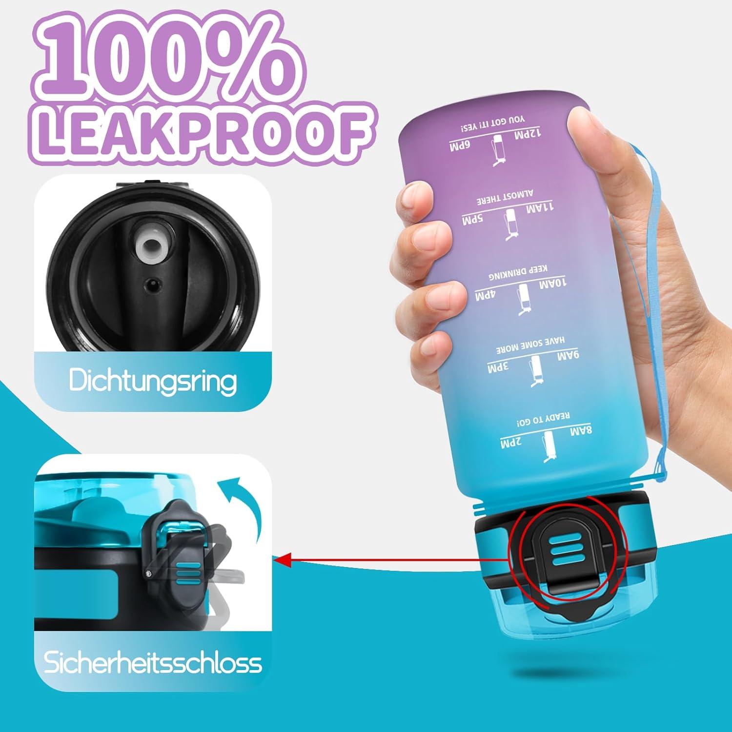 imageHoneyHolly Gourde Enfant 500 Ml sans BPA Water Bottle avec Paille Antifuite Bouteille deau Motivante avec Marqueur de Temps Gourde Gradue Bouteille pour Gymnase cole CyclismeBleu Violet 500ml