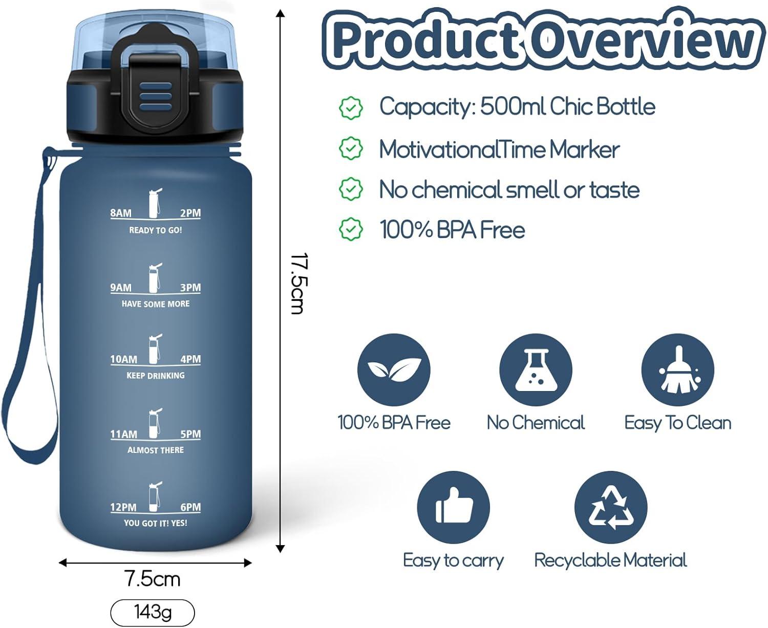 imageHoneyHolly Gourde Enfant 500 Ml sans BPA Water Bottle avec Paille Antifuite Bouteille deau Motivante avec Marqueur de Temps Gourde Gradue Bouteille pour Gymnase cole CyclismeBleu Marine 500ml