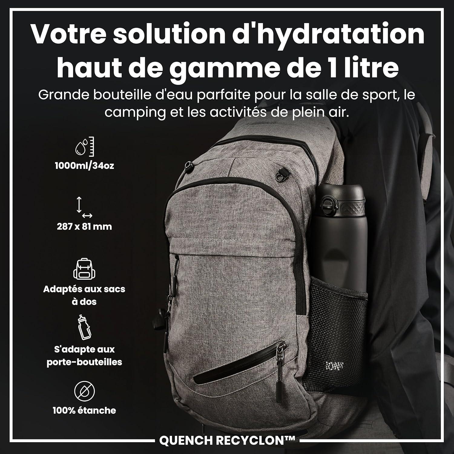 imageIon8 Gourde 1l 1000ml AntiFuite Facile Ouvrir Verrouillage Scuris Poigne de Transport Lavable en Lavevaisselle Sans BPA Idale pour le Sport et la Salle de Sport Violet ClairNoir