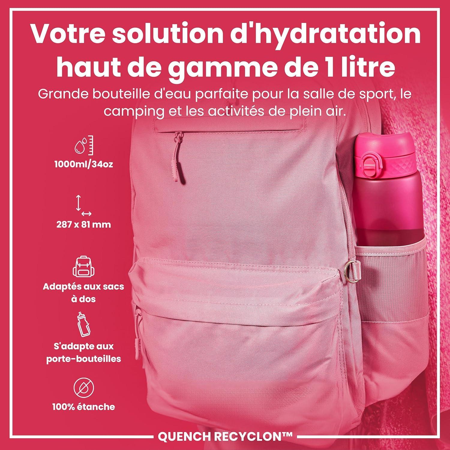 imageIon8 Gourde 1l 1000ml AntiFuite Facile Ouvrir Verrouillage Scuris Poigne de Transport Lavable en Lavevaisselle Sans BPA Idale pour le Sport et la Salle de Sport Violet ClairRose