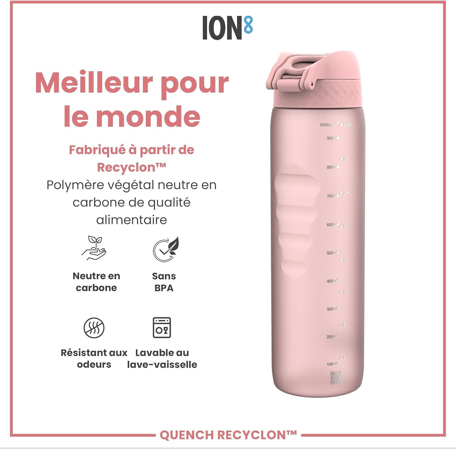 imageIon8 Gourde 1l 1000ml AntiFuite Facile Ouvrir Verrouillage Scuris Poigne de Transport Lavable en Lavevaisselle Sans BPA Idale pour le Sport et la Salle de Sport Violet ClairRose Clair
