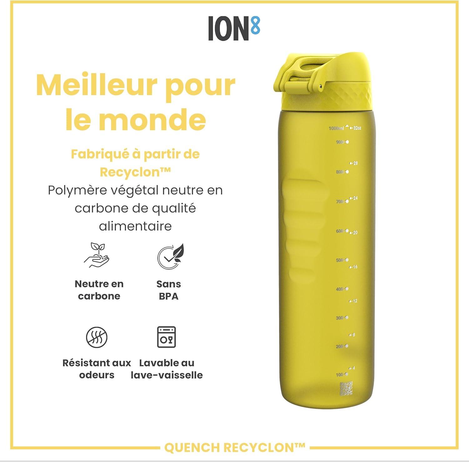 imageIon8 Gourde 1l 1000ml AntiFuite Facile Ouvrir Verrouillage Scuris Poigne de Transport Lavable en Lavevaisselle Sans BPA Idale pour le Sport et la Salle de Sport Violet ClairJaune