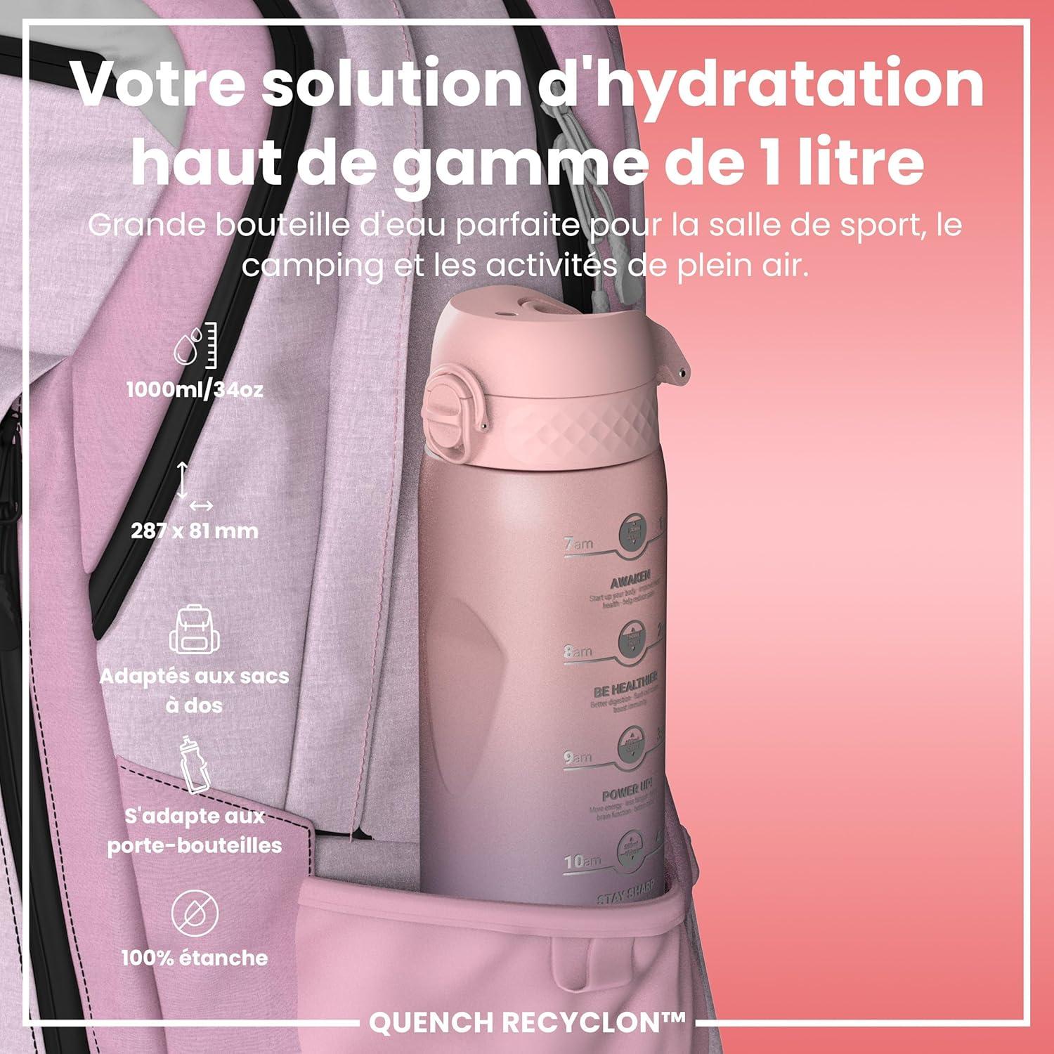imageIon8 Gourde 1l 1000ml AntiFuite Facile Ouvrir Verrouillage Scuris Poigne de Transport Lavable en Lavevaisselle Sans BPA Idale pour le Sport et la Salle de Sport Violet ClairMauve Clair et Rose